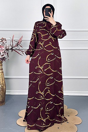 Zincir Desenli Tesettür Elbise - Bordo