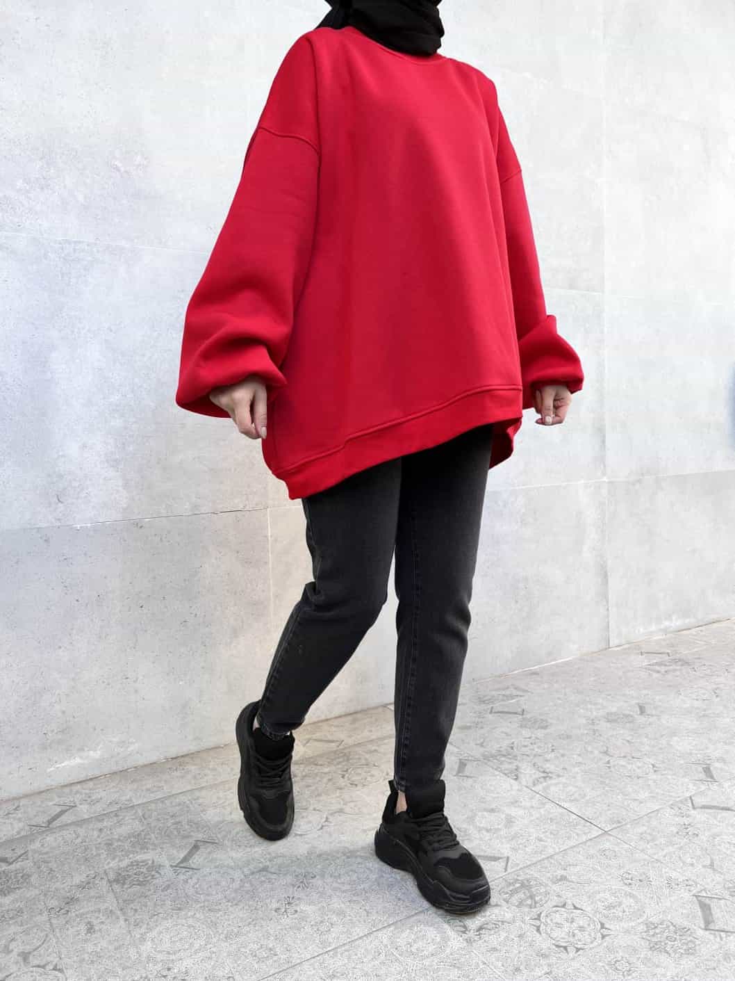 Extra Oversize Üç İplik Şardonlu Sweatshirt - Kırmızı