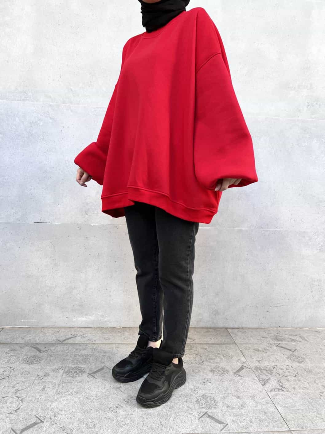 Extra Oversize Üç İplik Şardonlu Sweatshirt - Kırmızı