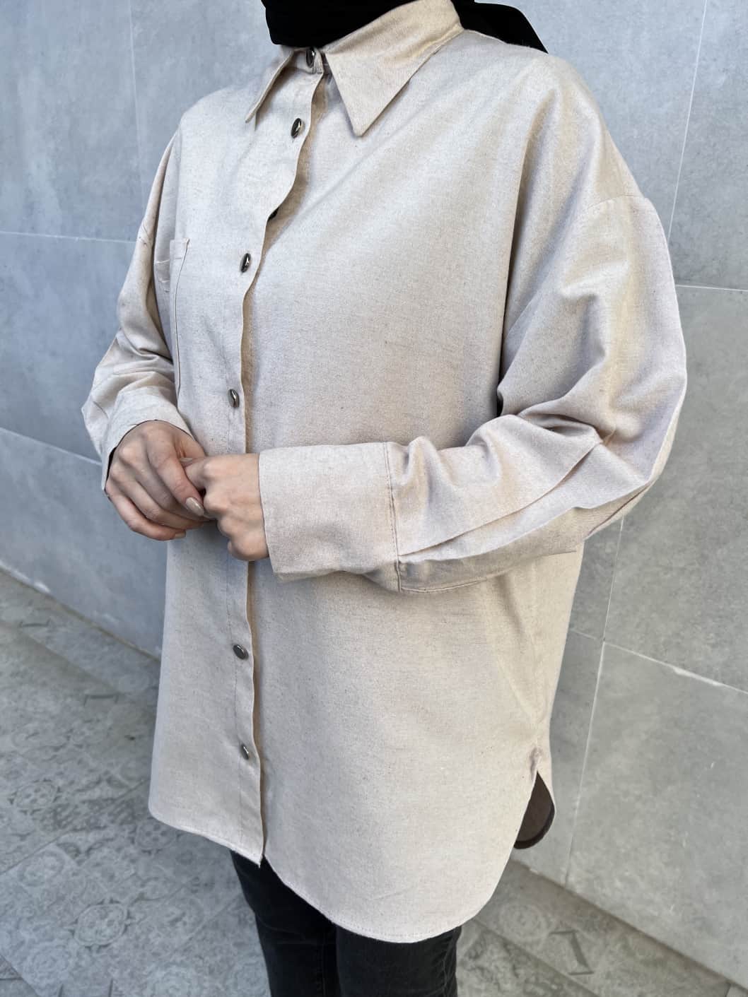 Pamuk Kumaş Metal Düğmeli Gömlek - Vizon Pamuk Kumaş Metal Düğmeli Gömlek - Vizon