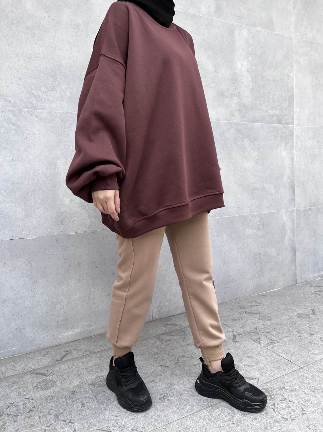 Extra Oversize Üç İplik Şardonlu Sweatshirt - Kahverengi