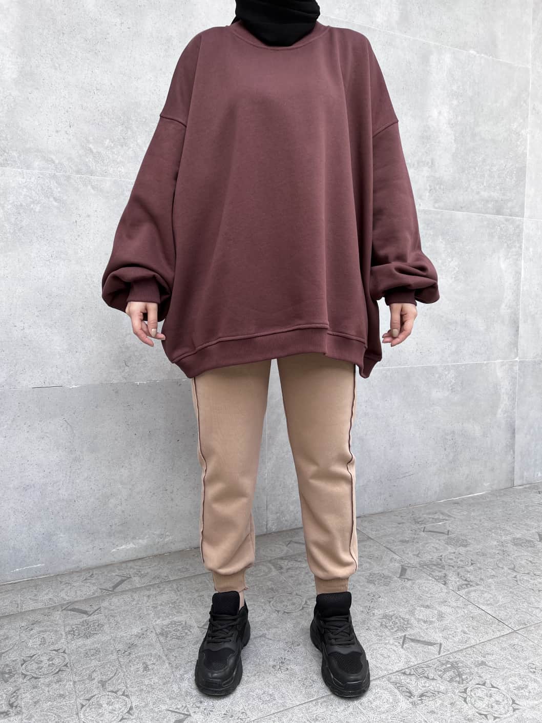 Extra Oversize Üç İplik Şardonlu Sweatshirt - Kahverengi