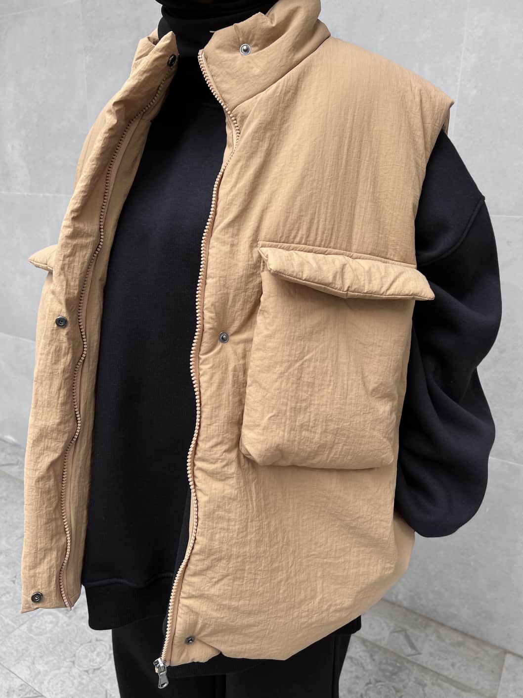 Paraşüt Kumaşlı Cepli Şişme Yelek - Kahverengi