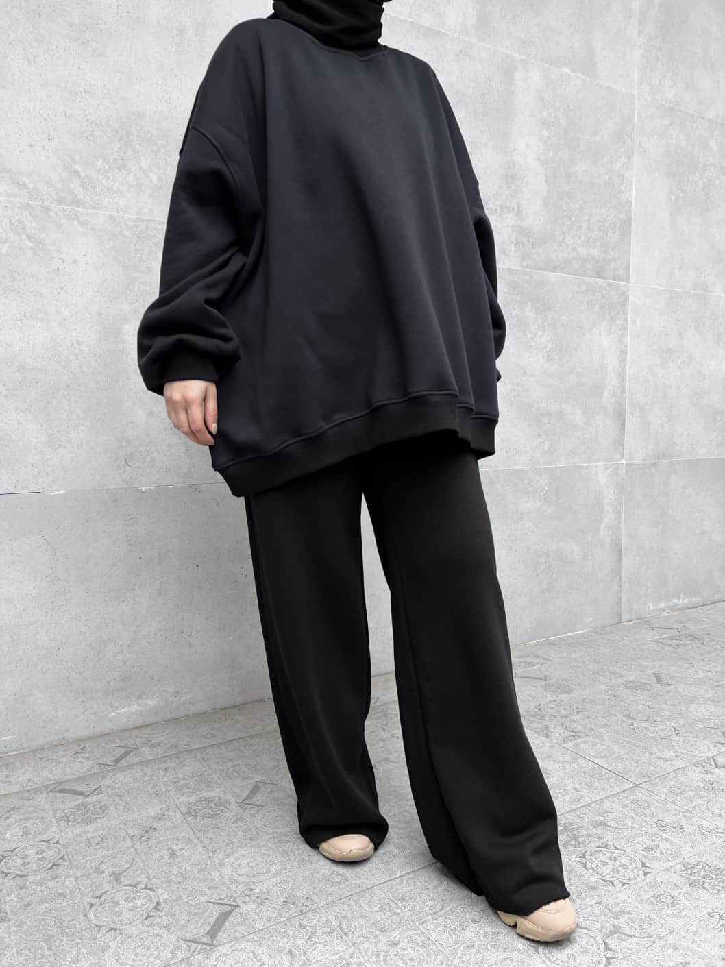 Extra Oversize Üç İplik Şardonlu Sweatshirt - Siyah