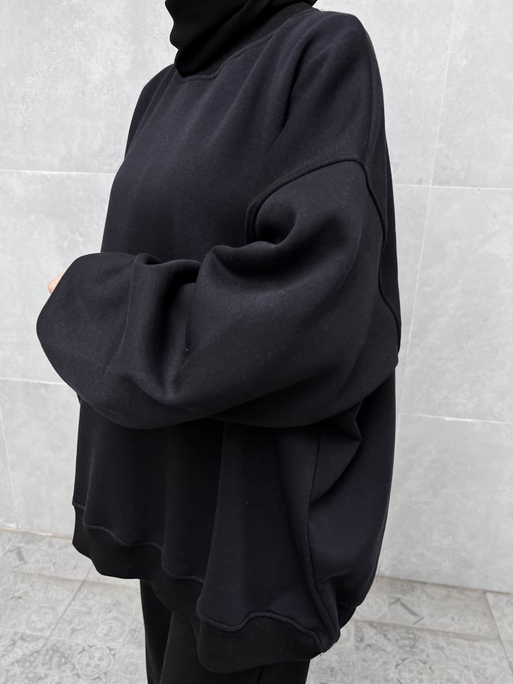 Extra Oversize Üç İplik Şardonlu Sweatshirt - Siyah