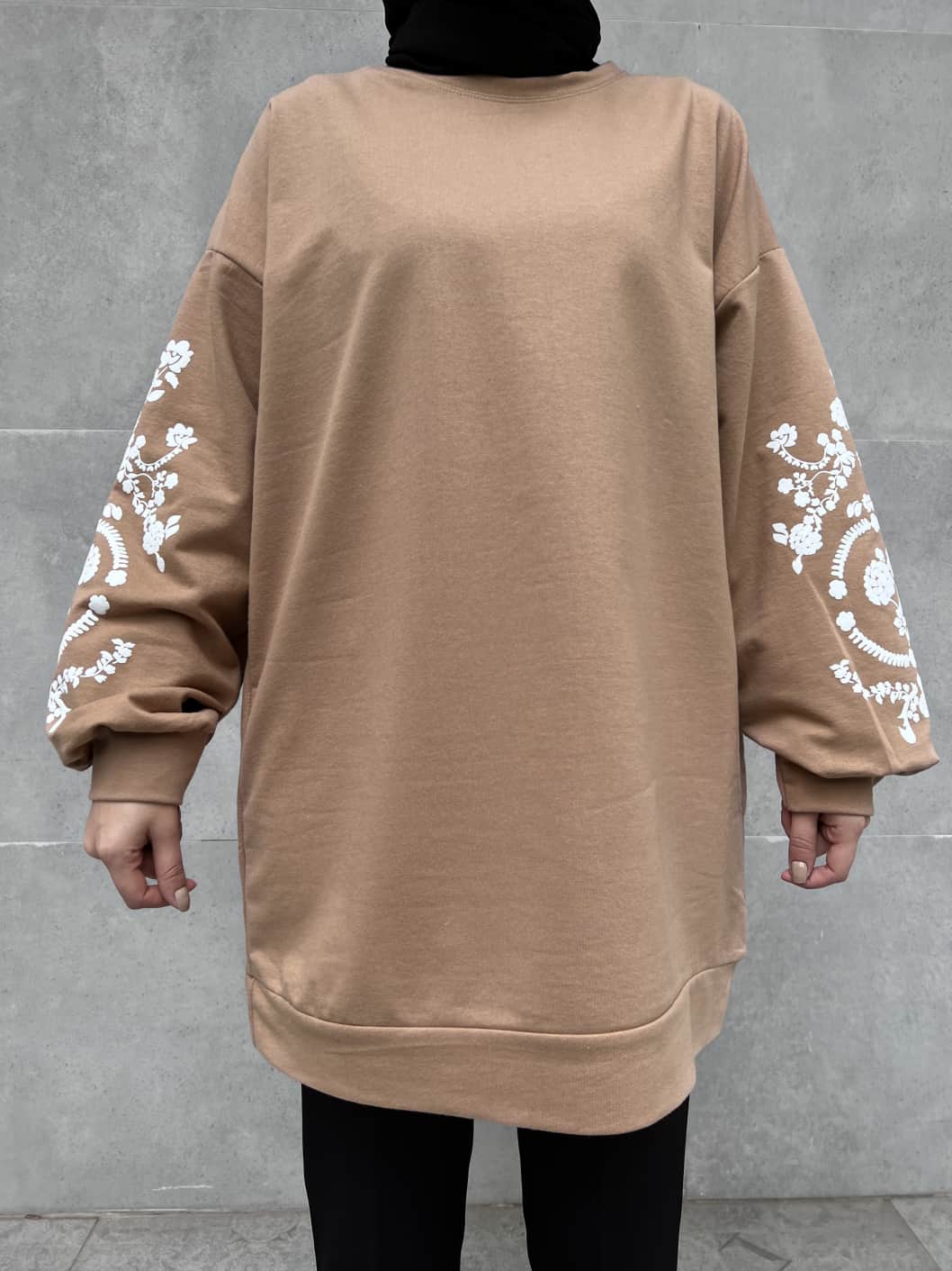 Kolları Çiçek Baskı Detaylı Tunik - Sütlü Kahve