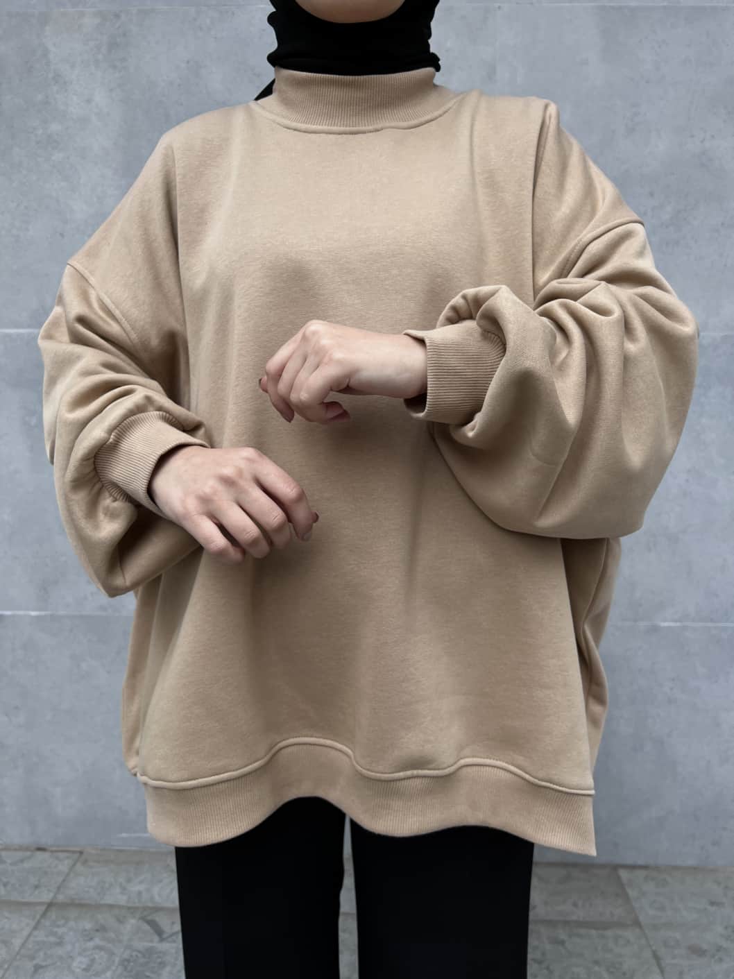 Extra Oversize Üç İplik Şardonlu Sweatshirt - Vizon