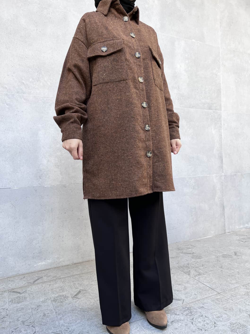 Çift Cepli Salaş Ekose Kaşe Gömlek - Kahverengi