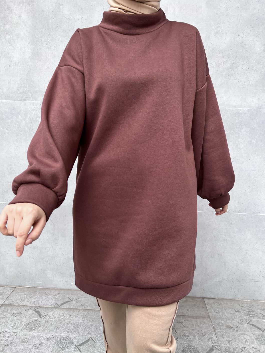 Üç İplik İçi Şardonlu Boğazlı Sweatshirt - Kahverengi