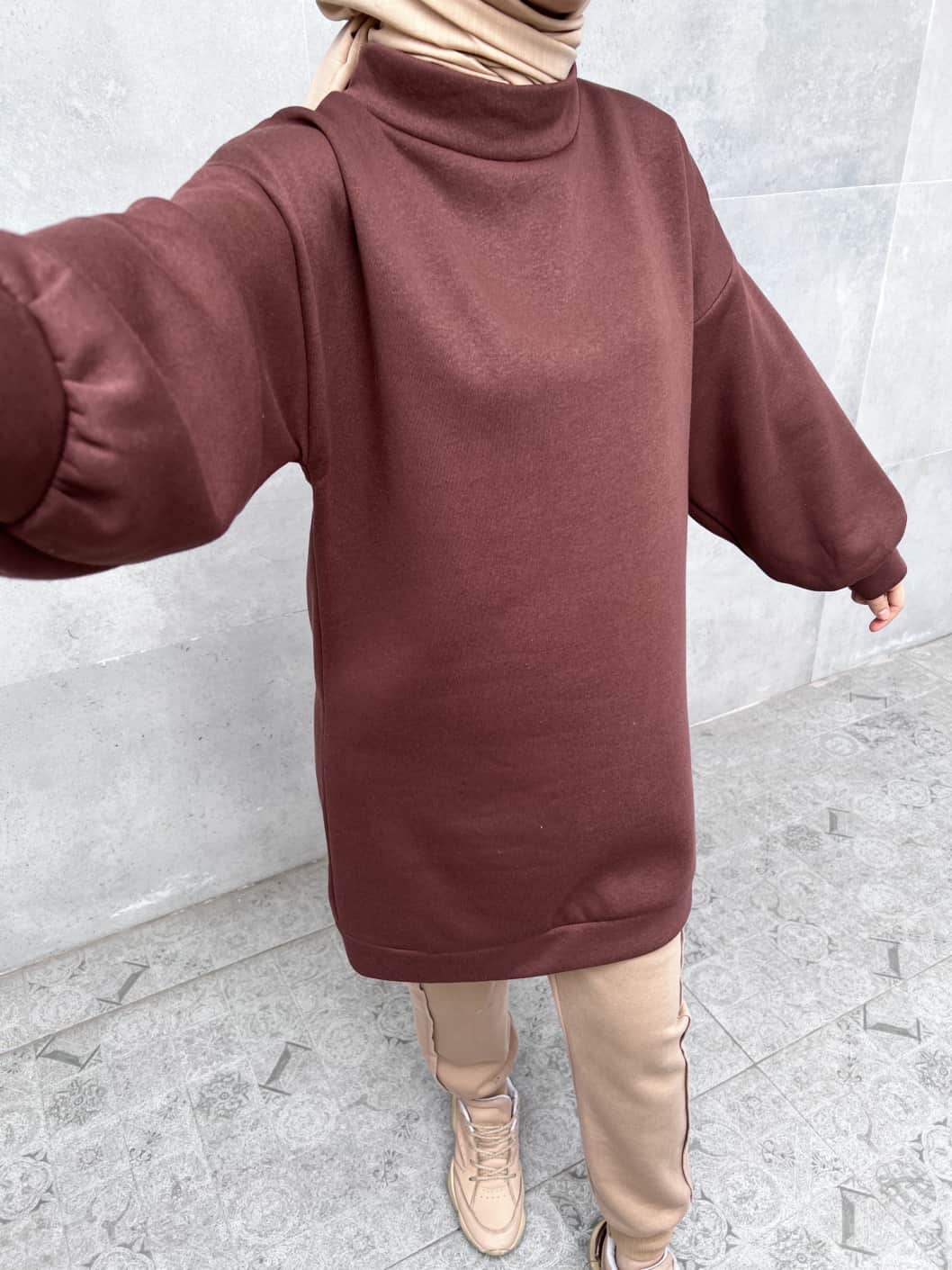 Üç İplik İçi Şardonlu Boğazlı Sweatshirt - Kahverengi