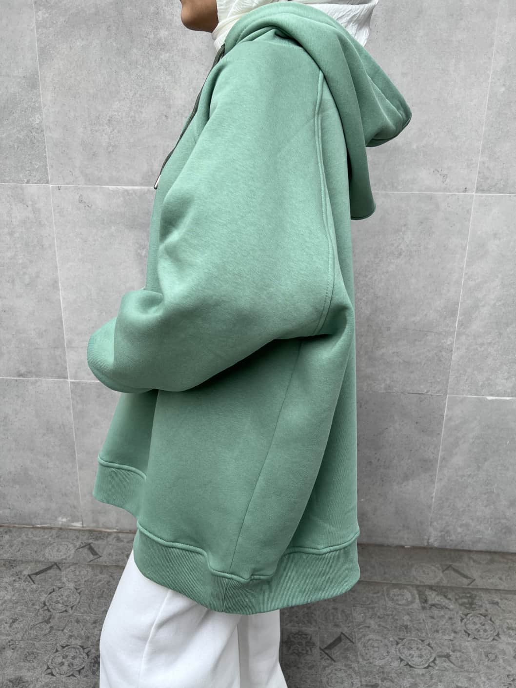 Yarım Düğmeli Kapüşonlu Sweatshirt - Yeşil