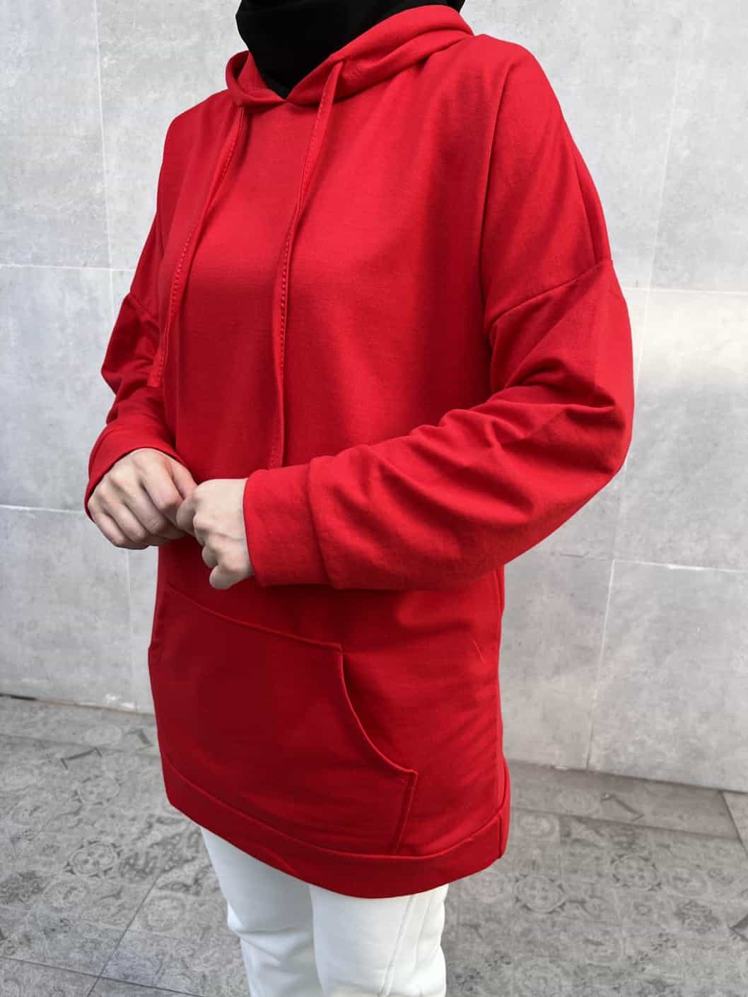 Kanguru Cep Kapüşonlu Sweatshirt - Kırmızı