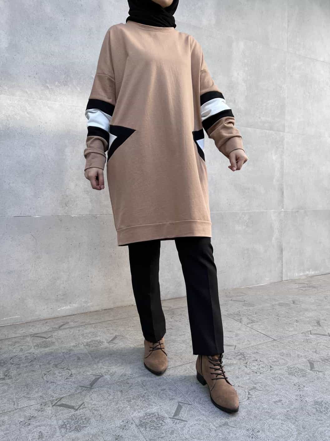 Bisiklet Yaka Üçgen Desen Garnilli Tunik - Kahverengi