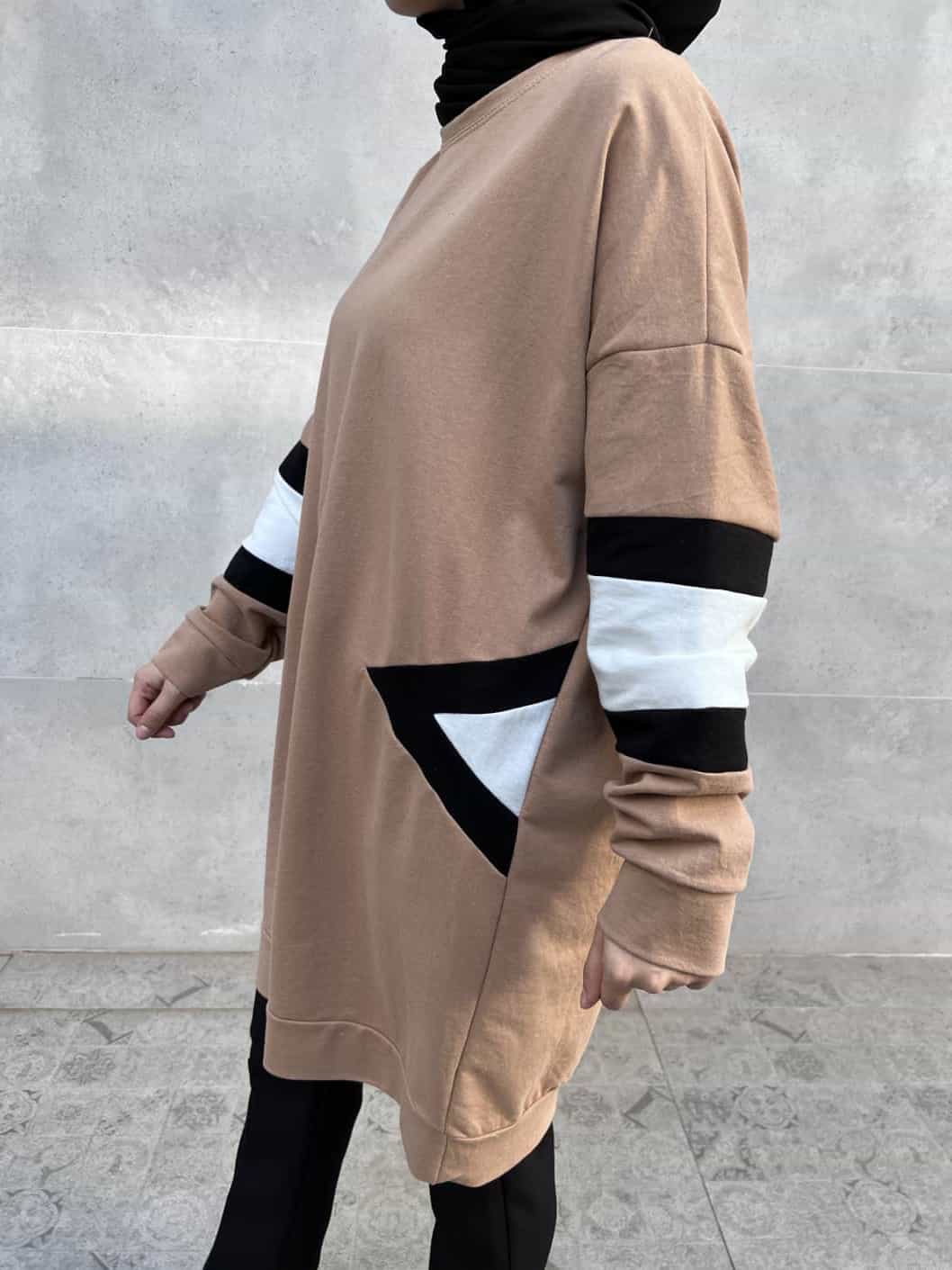 Bisiklet Yaka Üçgen Desen Garnilli Tunik - Kahverengi