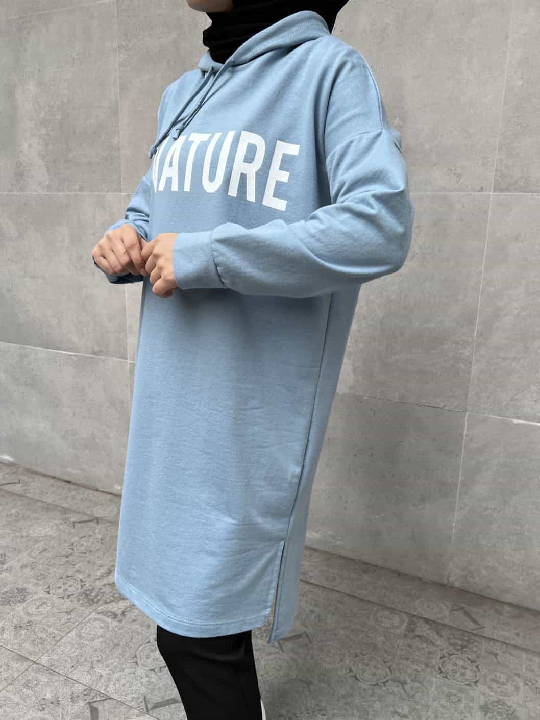 Baskılı Yandan Yırtmaçlı Kapüşonlu Tunik - Mavi