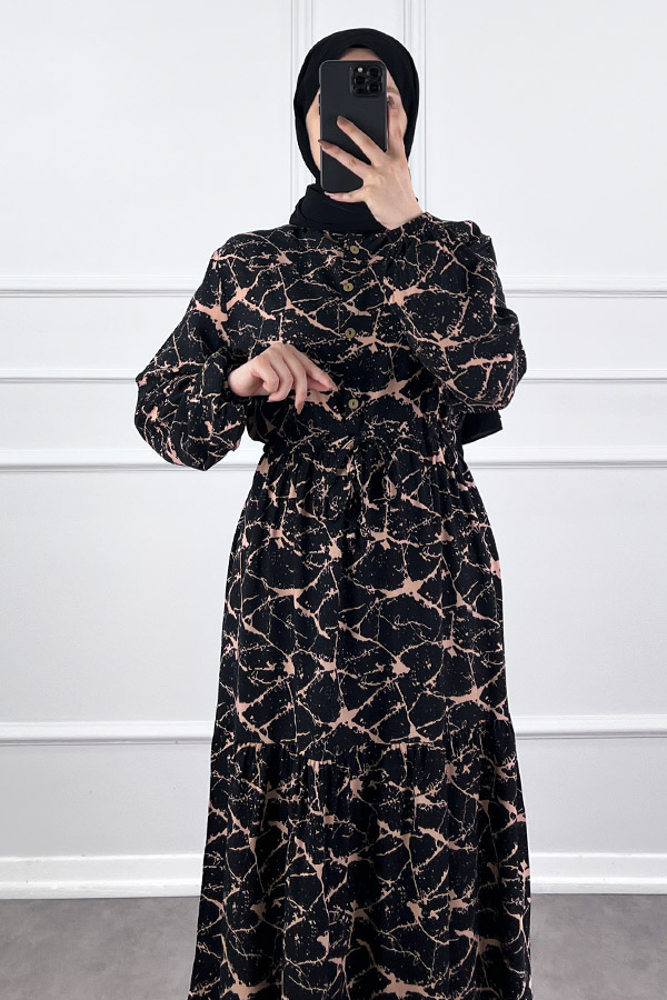 Ağ Desen Elbise - Pudra