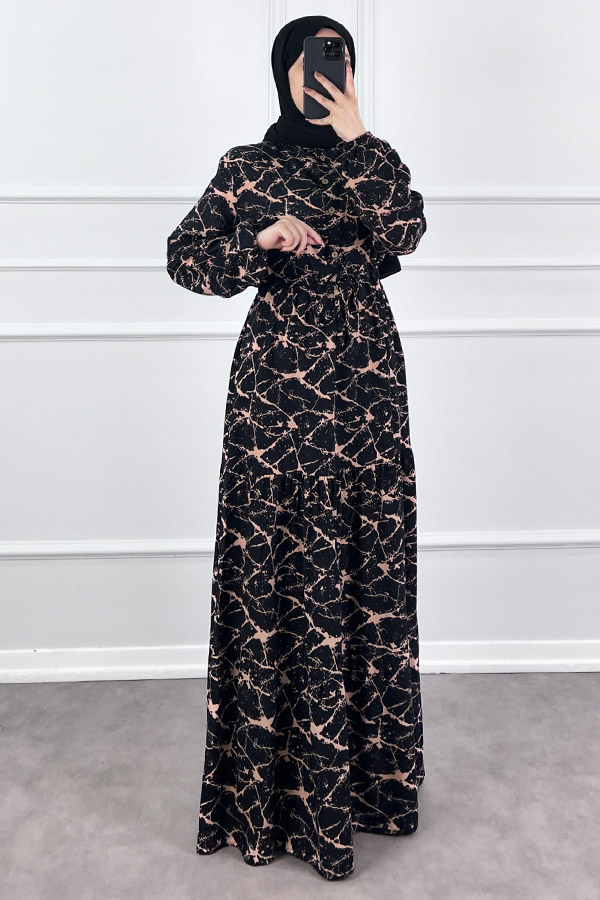 Ağ Desen Elbise - Pudra