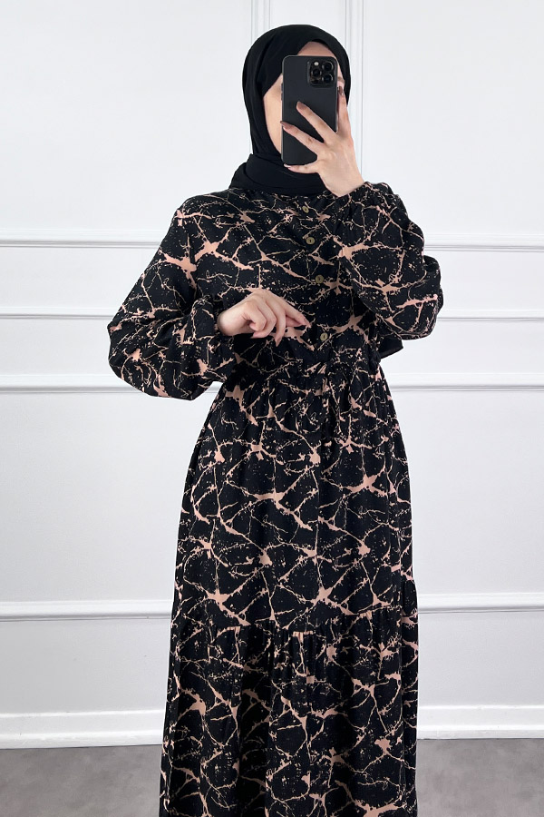 Ağ Desen Elbise - Pudra