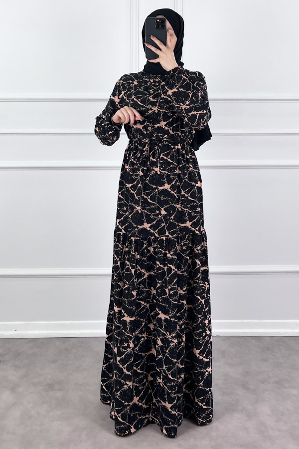 Ağ Desen Elbise - Pudra