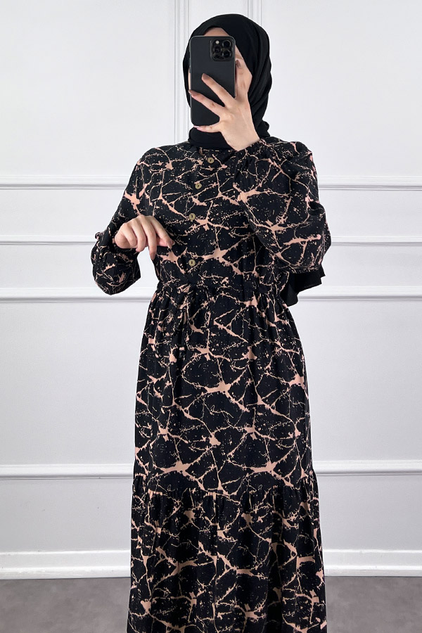 Ağ Desen Elbise - Pudra