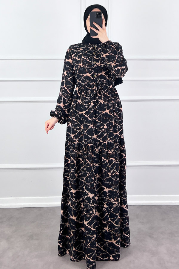Ağ Desen Elbise - Pudra