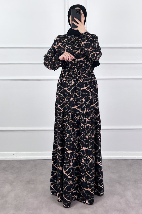 Ağ Desen Elbise - Pudra