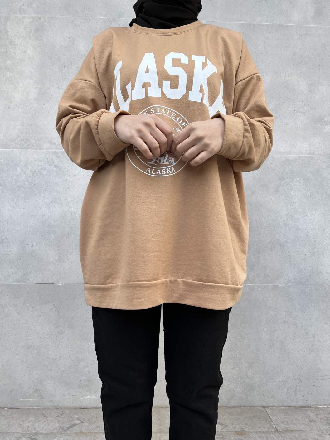 Alaska Baskılı Sweatshirt - Sütlü Kahve Alaska Baskılı Sweatshirt - Sütlü Kahve