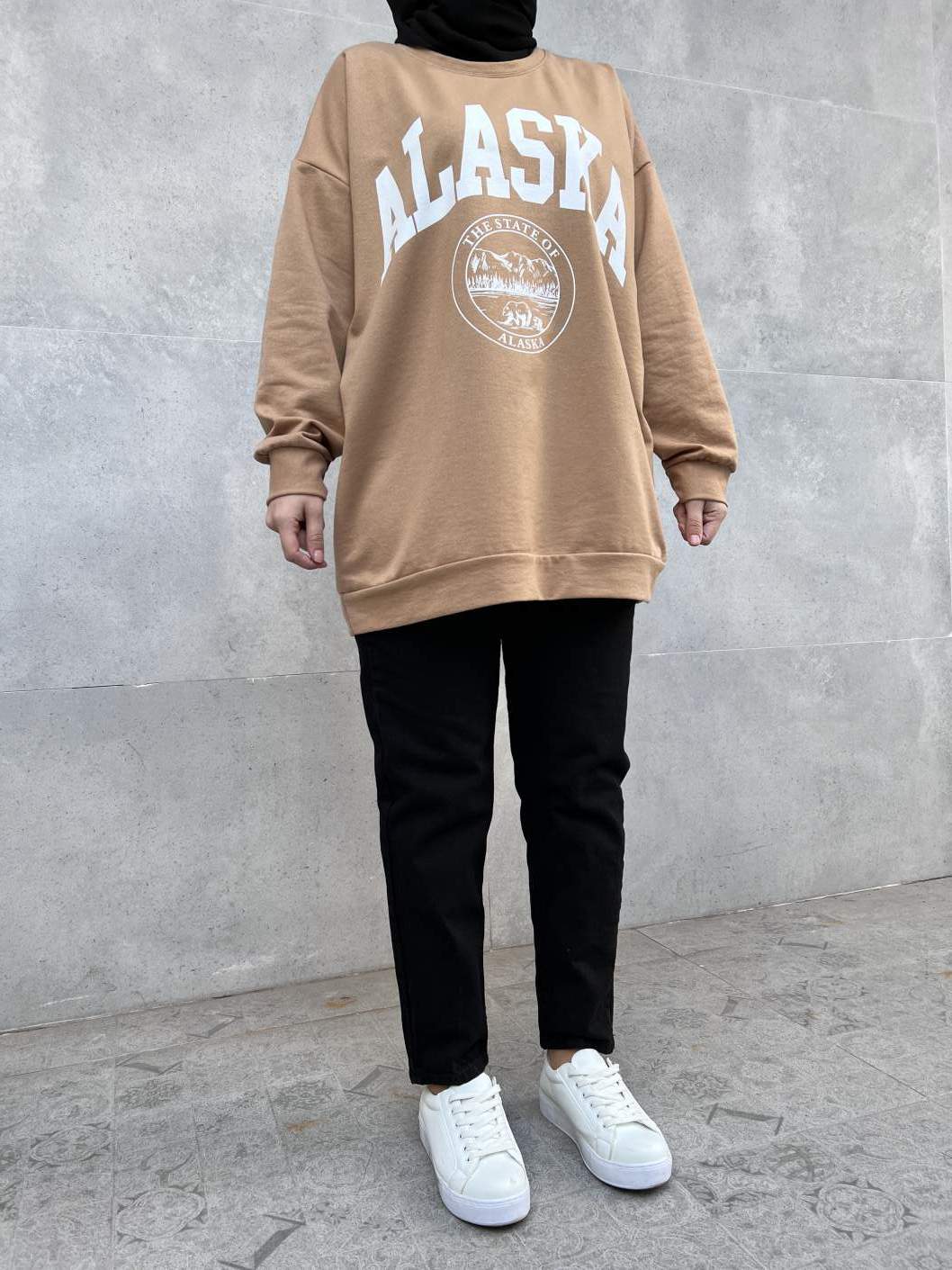 Alaska Baskılı Sweatshirt - Sütlü Kahve Alaska Baskılı Sweatshirt - Sütlü Kahve