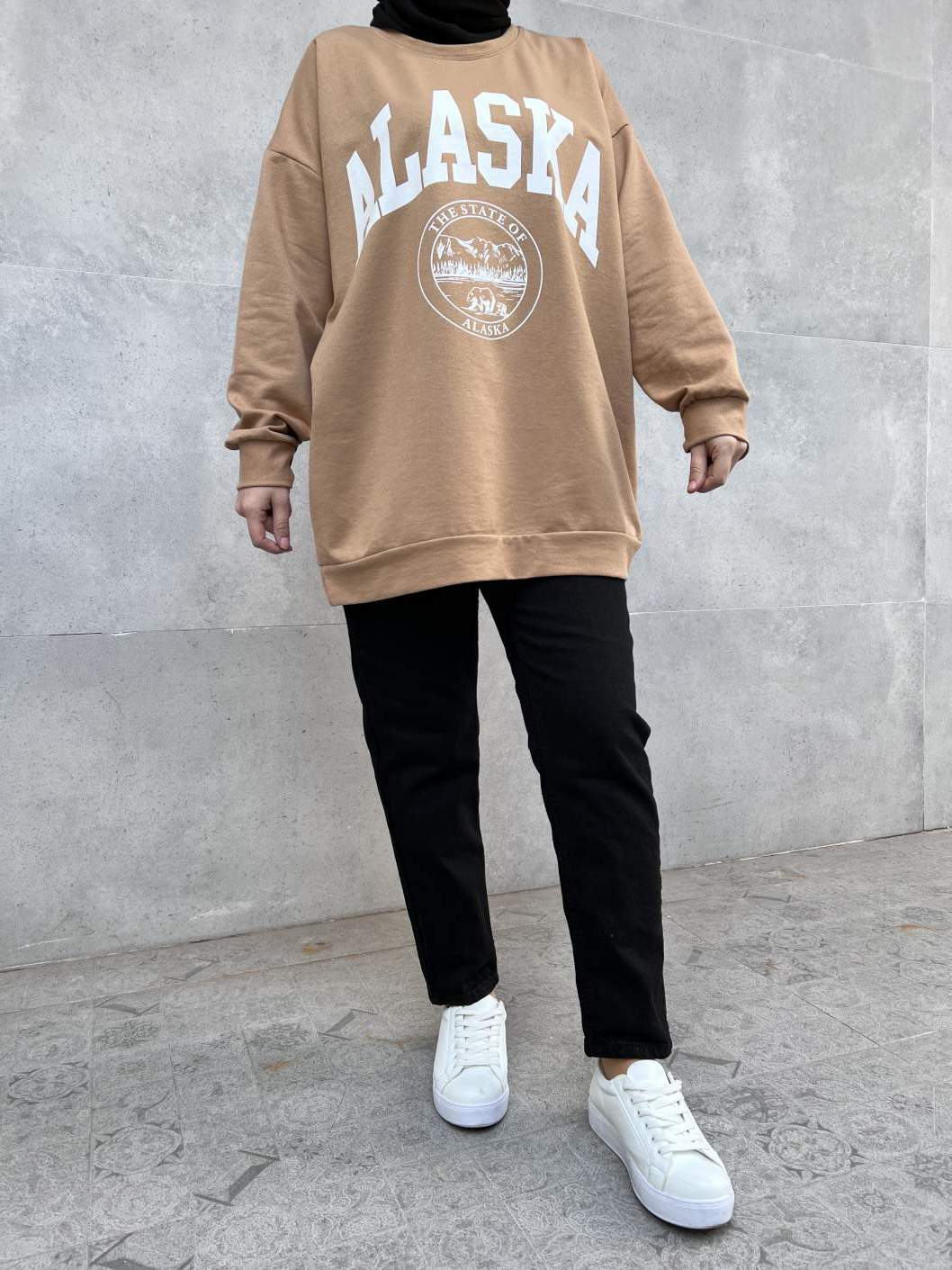 Alaska Baskılı Sweatshirt - Sütlü Kahve Alaska Baskılı Sweatshirt - Sütlü Kahve