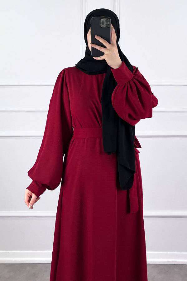 Balon Kol Ayrobin Elbise - Bordo