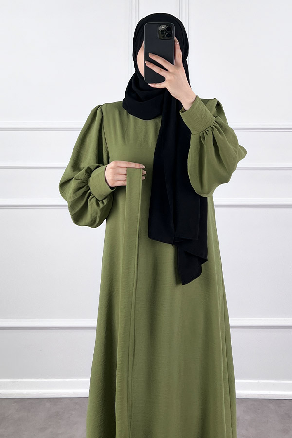 Balon Kol Ayrobin Elbise - Yeşil