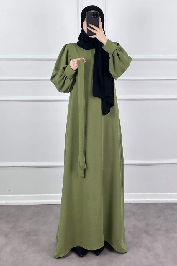 Balon Kol Ayrobin Elbise - Yeşil