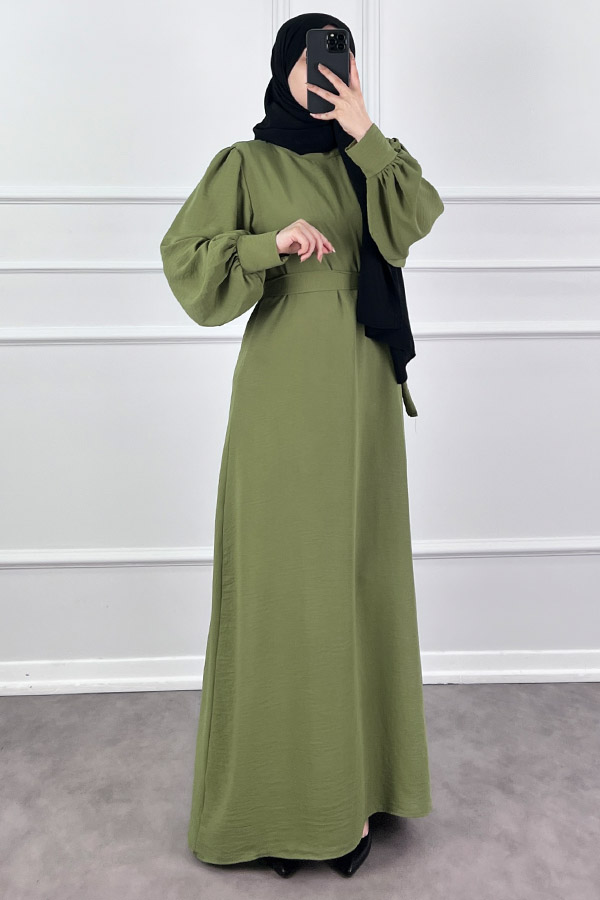 Balon Kol Ayrobin Elbise - Yeşil