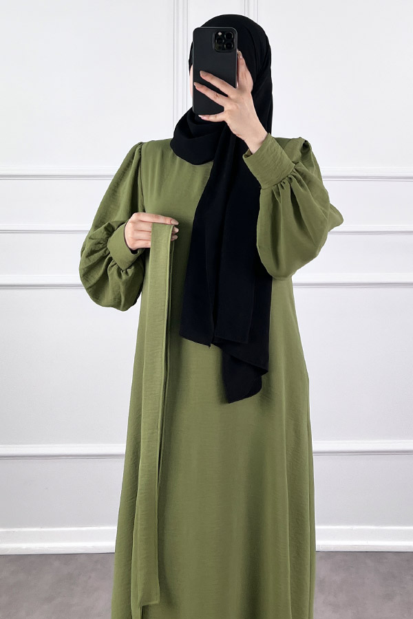 Balon Kol Ayrobin Elbise - Yeşil