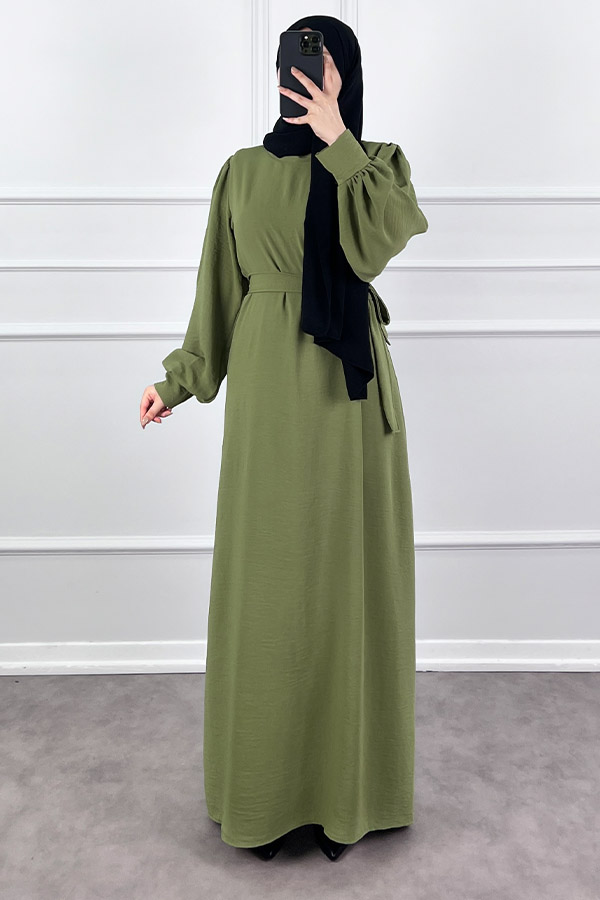 Balon Kol Ayrobin Elbise - Yeşil