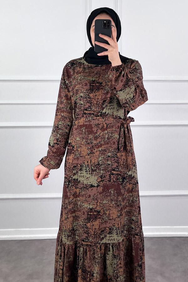 Batik Desenli Elbise - Kahverengi