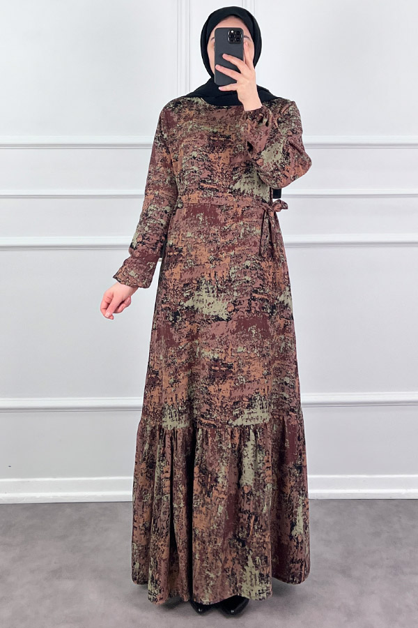 Batik Desenli Elbise - Kahverengi