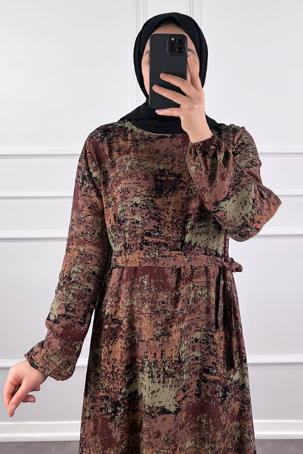 Batik Desenli Elbise - Kahverengi