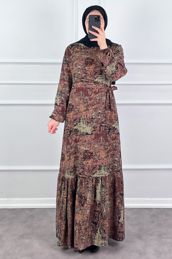 Batik Desenli Elbise - Kahverengi