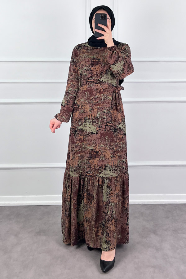 Batik Desenli Elbise - Kahverengi