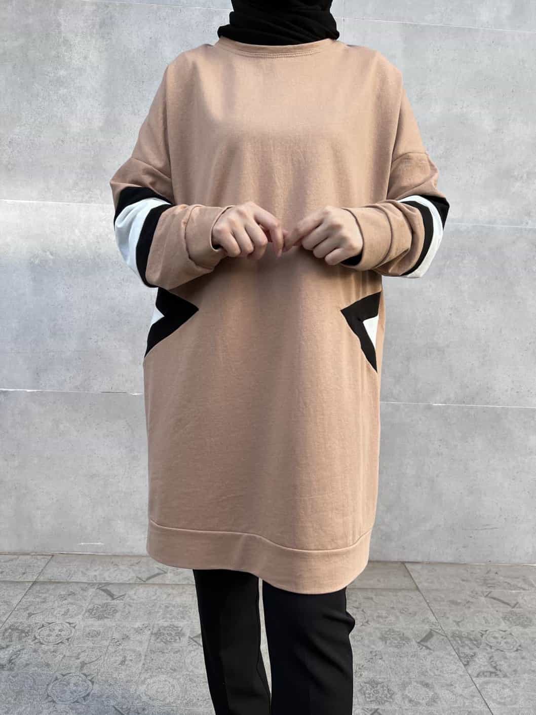 Bisiklet Yaka Üçgen Desen Garnilli Tunik - Kahverengi