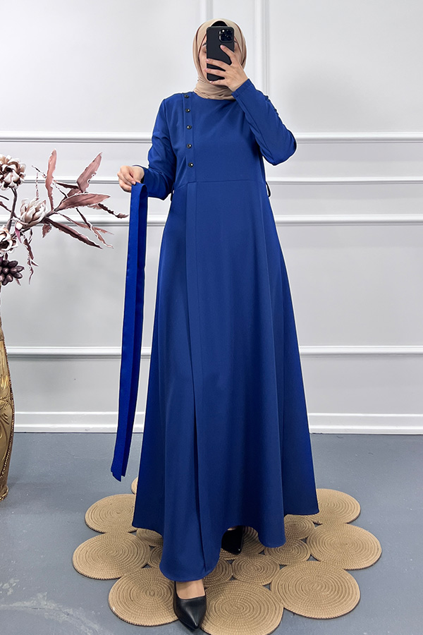 Çapraz Düğme Elbise - Mavi
