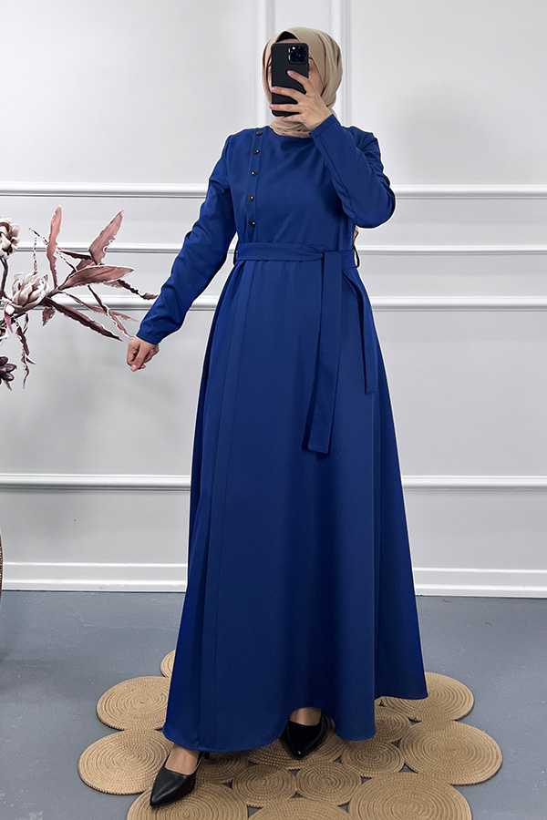 Çapraz Düğme Elbise - Mavi