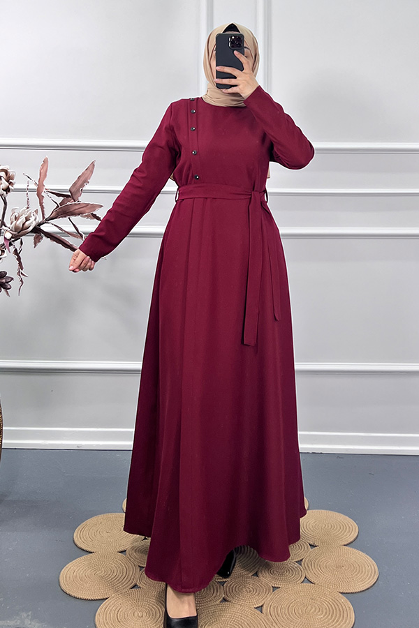 Çapraz Düğme Elbise - Bordo