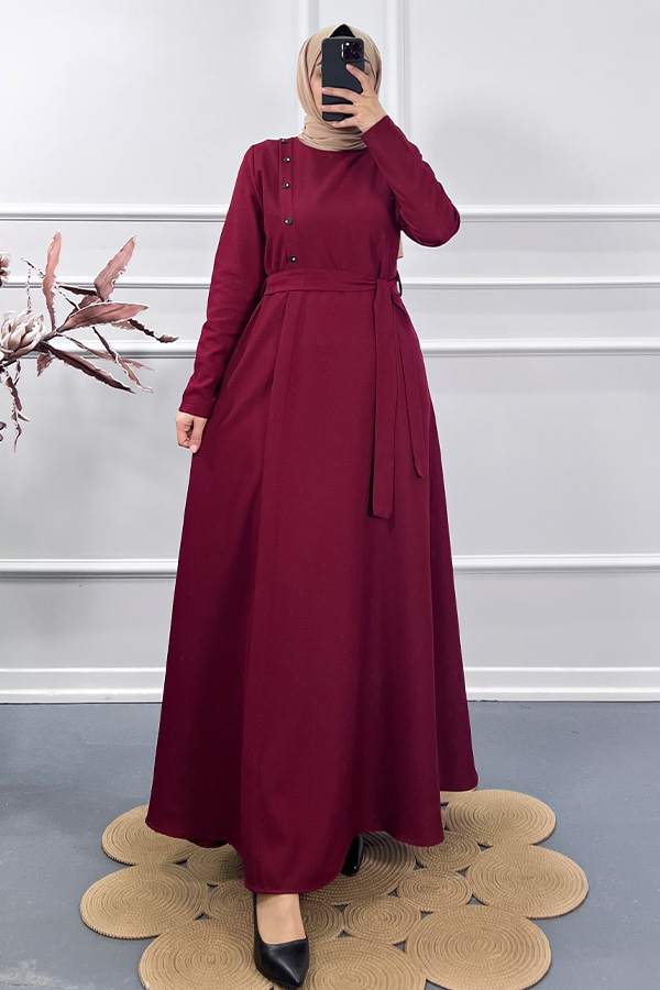 Çapraz Düğme Elbise - Bordo