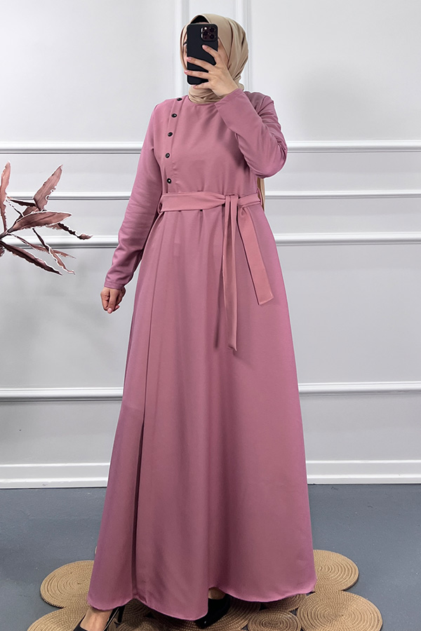 Çapraz Düğme Elbise - Pembe