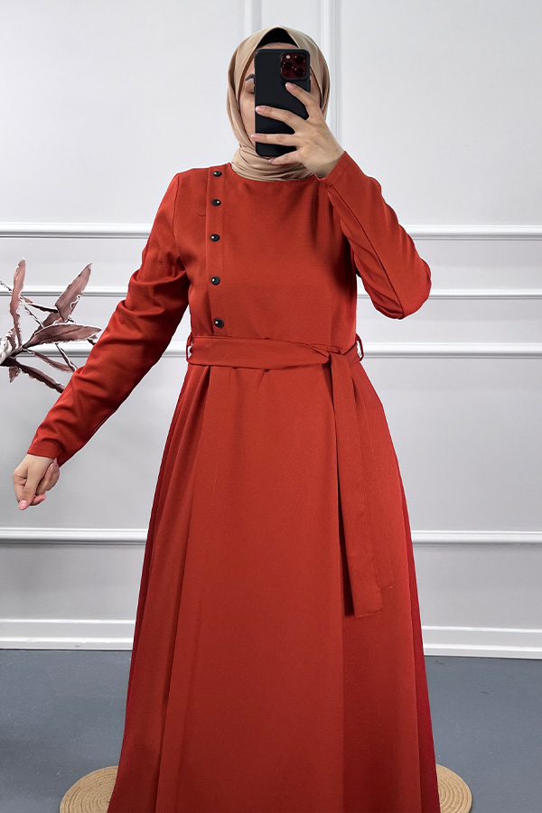 Çapraz Düğme Elbise - Turuncu