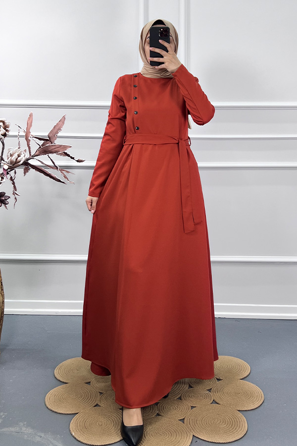 Çapraz Düğme Elbise - Turuncu