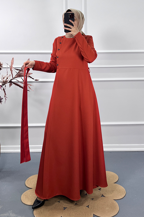 Çapraz Düğme Elbise - Turuncu