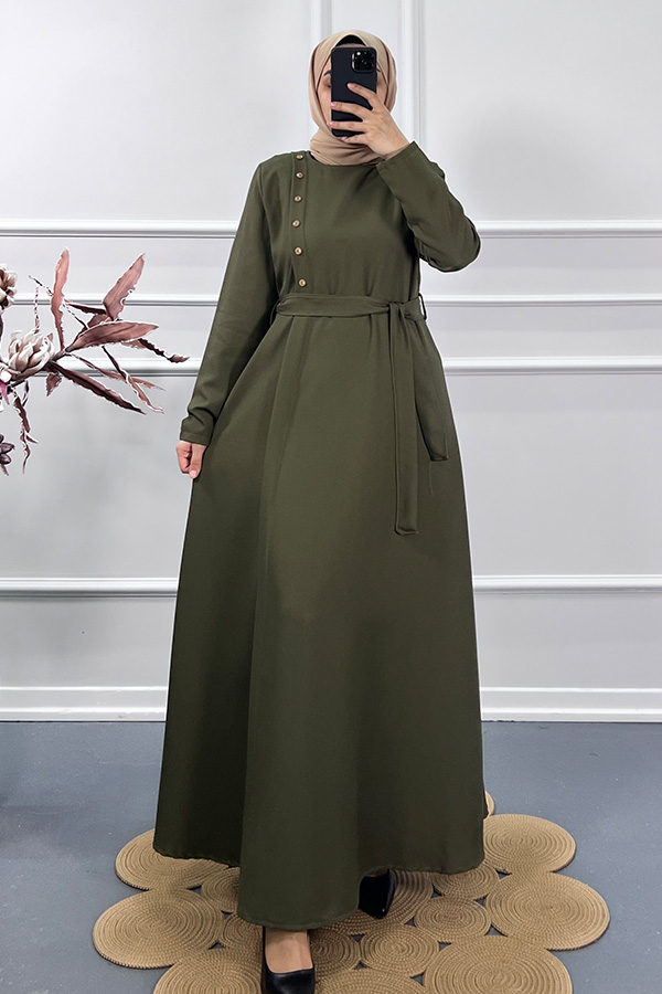 Çapraz Düğme Elbise - Yeşil